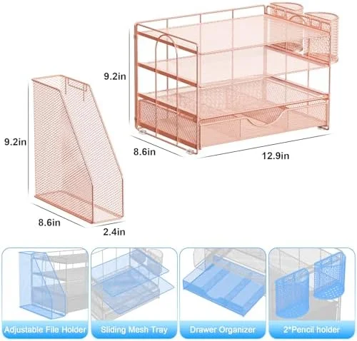 gianotter Desk Organizers and Accessories with File Holder - 4-Tier Desk Accessories & Workspace Organizers with Drawer and 2 Pen Holder, Paper