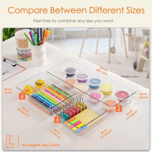 Criusia Drawer Organizer - 10 Pack Large Clear Plastic Set, 3 Size Versatile Bathroom and Vanity Organizer Trays, Storage Bins for Makeup, Bedroom