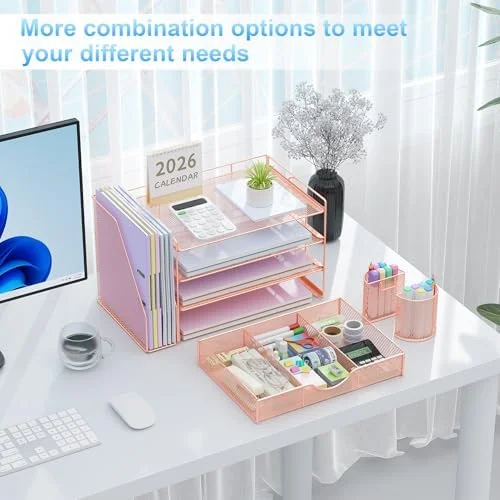 gianotter Desk Organizers and Accessories with File Holder - 4-Tier Desk Accessories & Workspace Organizers with Drawer and 2 Pen Holder, Paper