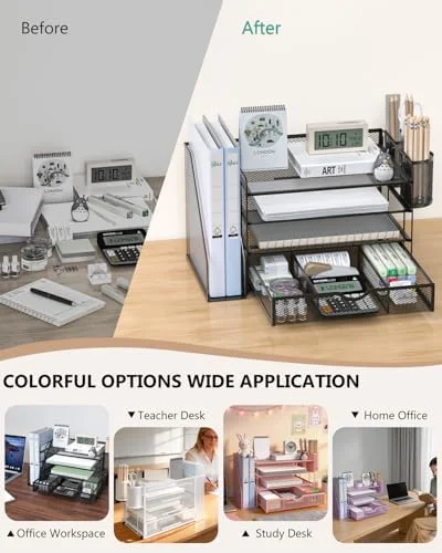 WALI Desk File Organizer, 4 Tier Desktop Paper Letter Tray Organizer with Drawer and 2 Pen Holders, Office Desk Accessories & Workspace Organizers