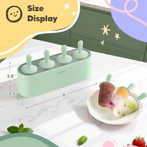 Popsicle Mold Set 4 Pieces Homemade Silicone Popsicle Maker Easy Release Ice Cream Molds Reusable DIY Pop Molds (Green - IcyClassic Pops)
