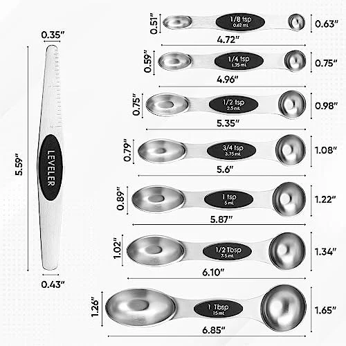Spring Chef Stainless Steel Magnetic Measuring Spoons Set with Strong N45 Magnets - Heavy Duty Metal Kitchen Gadgets for Baking & Cooking, Fits in