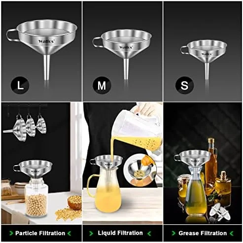 Stainless Steel Funnel - Walfos 3 Pack Kitchen Funnel with 2 Removable Strainer ＆ 1Pcs Cleaning Brush, Perfect for Transferring of Liquid, Oils, Jam