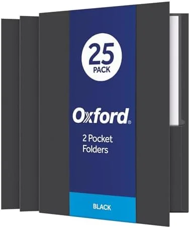 Oxford Twin-Pocket Folders, Textured Paper, Letter Size, Black, Holds 100 Sheets, Box of 25 (57506EE), 8-1/2 x 11