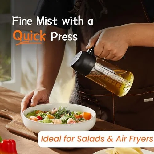 TrendPlain 16oz/470ml Glass Olive Oil Sprayer for Cooking – 2 in 1 Olive Oil Dispenser Bottle for Kitchen Gadgets and Air Fryer Accessories - Salad