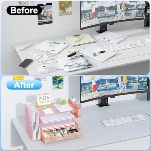 gianotter Desk Organizers and Accessories with File Holder - 4-Tier Desk Accessories & Workspace Organizers with Drawer and 2 Pen Holder, Paper
