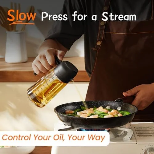 TrendPlain 16oz/470ml Glass Olive Oil Sprayer for Cooking – 2 in 1 Olive Oil Dispenser Bottle for Kitchen Gadgets and Air Fryer Accessories - Salad