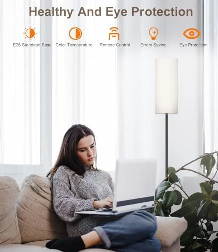 luckystyle Dimmable Floor Standing Tall Lamp - 12W Led Bulb with Lampshade, Foot Switch, Remote Custom Color Temperature Pole for Bedroom, Office