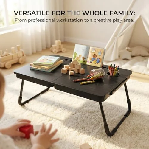 BUYIFY Foldable Laptop Bed Desk for Couch, Sofa - Large Lap Desk Tray Table with Cup Holder and Tablet Slot - Portable Notebook Stand for Eating