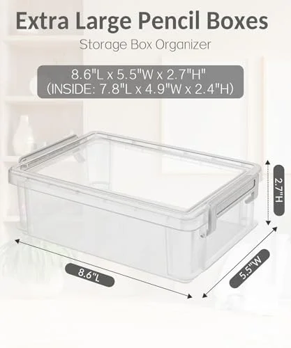 Sooez 6 Pack Extra Large Pencil Box, Plastic Pencil Case Crayon Box, Clear Marker Organizer Plastic Containers with Lid, Stackable Storage Boxes for