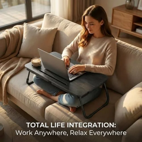 BUYIFY Foldable Laptop Bed Desk for Couch, Sofa - Large Lap Desk Tray Table with Cup Holder and Tablet Slot - Portable Notebook Stand for Eating