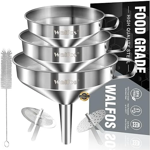 Stainless Steel Funnel - Walfos 3 Pack Kitchen Funnel with 2 Removable Strainer ＆ 1Pcs Cleaning Brush, Perfect for Transferring of Liquid, Oils, Jam