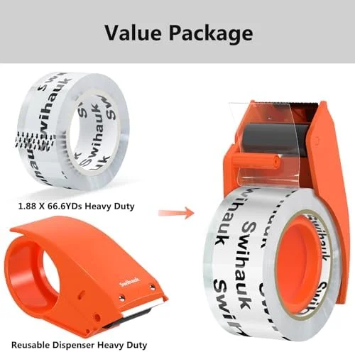 Swihauk 1.88 in x 66.6 YDs Heavy Duty Packing Tape with Dispenser, Strong & Durable Shipping Tape, Packaging Tape, Clear Package Tape for Shipping