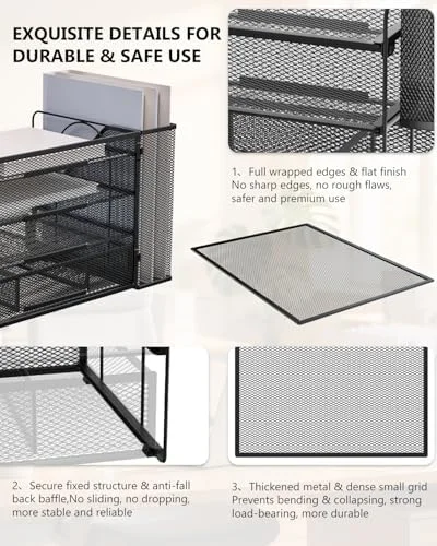WALI Desk File Organizer, 4 Tier Desktop Paper Letter Tray Organizer with Drawer and 2 Pen Holders, Office Desk Accessories & Workspace Organizers