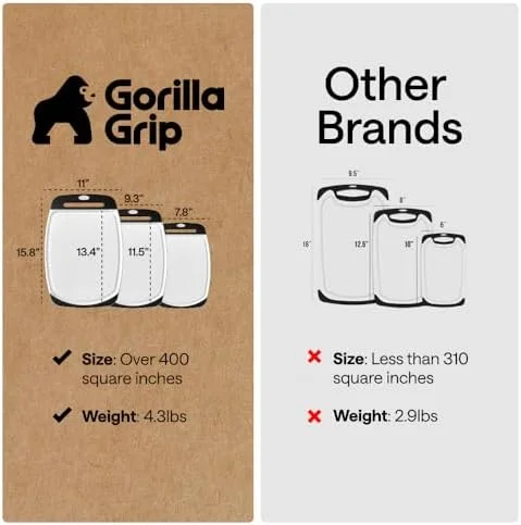 GORILLA GRIP BPA-Free Reversible Kitchen Cutting Board Set of 3 - US Designed, Nonporous, Juice Grooves Catch Liquid, Slip Resistant Border