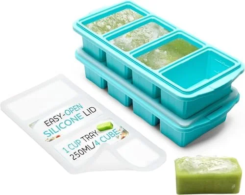 XOMOO Silicone Freezer Tray With Lid - Soup Freezer Container molds - Large Ice Cube Tray- makes 8 perfect 1 cup portions cubes - 2-Pack Freezer