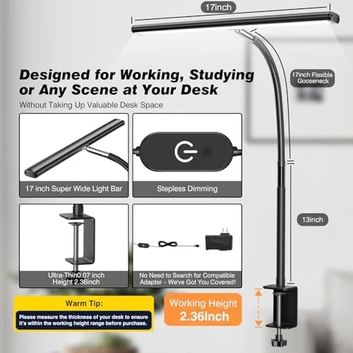 Airlonv LED Desk Lamp for Office Home - Eye-Caring Desk Light with Stepless Dimming Adjustable Flexible Gooseneck, 10W USB Adapter Desk Lamp with