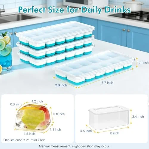 NFK Ice Cube Tray with Lid & Bin - 4 Pack 48 Cubes Stackable Silicone Trays for Freezer with Storage Container - Leak-Proof Lids, BPA-Free, Easy