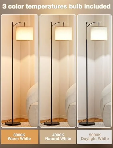 Ambimall Tall Floor Lamps with 3 Color Temperatures Bulb & Adjustable Linen Shade, for Living Room, Bedroom, Office, Classroom, Dorm Room (9W Bulb
