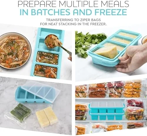 XOMOO Silicone Freezer Tray With Lid - Soup Freezer Container molds - Large Ice Cube Tray- makes 8 perfect 1 cup portions cubes - 2-Pack Freezer