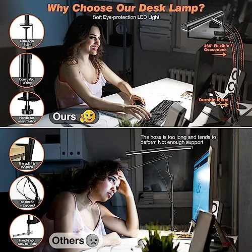Airlonv LED Desk Lamp for Office Home - Eye-Caring Desk Light with Stepless Dimming Adjustable Flexible Gooseneck, 10W USB Adapter Desk Lamp with