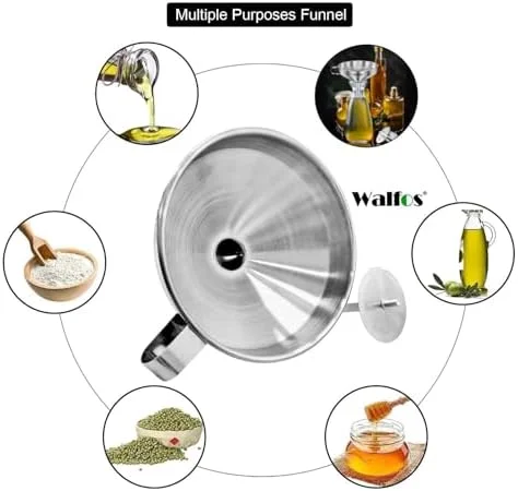 Stainless Steel Funnel - Walfos 3 Pack Kitchen Funnel with 2 Removable Strainer ＆ 1Pcs Cleaning Brush, Perfect for Transferring of Liquid, Oils, Jam