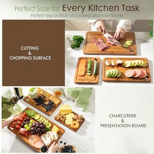 Astercook Deep-Carbonized Bamboo Cutting Boards for Kitchen with Wood Storage Stand - Reversible Charcuterie & Chopping Boards with Juice Grooves and