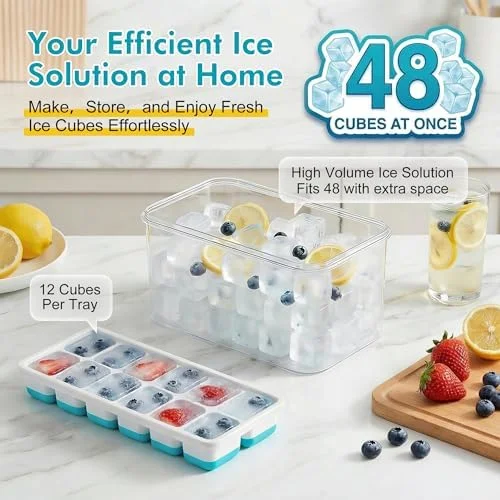 NFK Ice Cube Tray with Lid & Bin - 4 Pack 48 Cubes Stackable Silicone Trays for Freezer with Storage Container - Leak-Proof Lids, BPA-Free, Easy