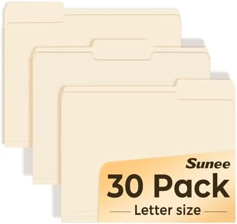 SUNEE File Folders, 30 Pack Manilla Folders 8.5 x 11, 1/3 Cut Tab for Easy Labeling and Organization, Durable Standard Paper for Home, Office, School