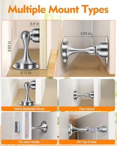 Door Stoppers Magnetic Door Catch - Stainless Steel Magnetic Door Stop 2 Pack, Double-Sided Adhesive Tape, No Drilling, Screws for Stronger Mount