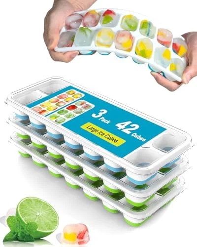 3 Pack Ice Cube Trays with Lid for Freezer, Flexible Silicone Bottom for Easy Release, Stackable Space-Saving Ice Molds, 1.2" Cubes Color-Coded (2