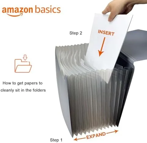 Amazon Basics Expanding Accordion File Organizer - Letter Size, 13 Compartments, Large Capacity Document Storage, Waterproof, Black, 1-Pack