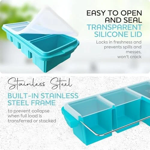 XOMOO Silicone Freezer Tray With Lid - Soup Freezer Container molds - Large Ice Cube Tray- makes 8 perfect 1 cup portions cubes - 2-Pack Freezer