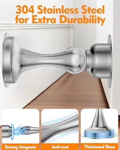 Door Stoppers Magnetic Door Catch - Stainless Steel Magnetic Door Stop 2 Pack, Double-Sided Adhesive Tape, No Drilling, Screws for Stronger Mount