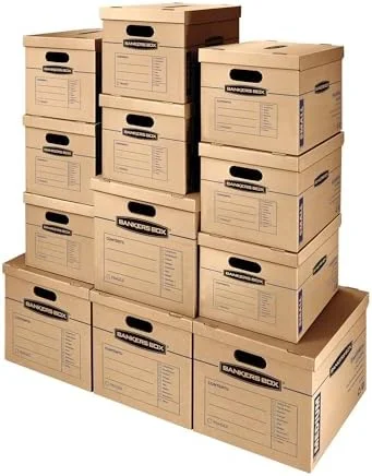 Bankers Box Classic Moving Box 12 Pack Kit - Reinforced Handles, Tape-Free Assembly, Box with Lid, 8 Small and 4 Medium Boxes (7716401)