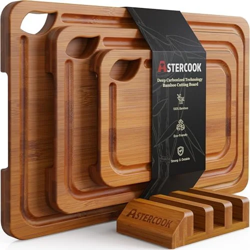 Astercook Deep-Carbonized Bamboo Cutting Boards for Kitchen with Wood Storage Stand - Reversible Charcuterie & Chopping Boards with Juice Grooves and