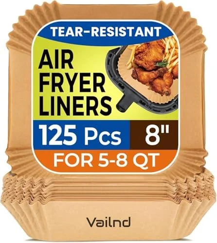 Air Fryer Paper Liners, 125Pcs Parchment Paper, Air Fryer Liners Disposable for Microwave, Non-Stick Air Fryer Liner Square Free of Bleach (8IN)