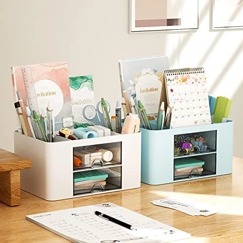 Marbrasse Pen Organizer with 2 Drawer, Multi-Functional Pencil Holder for Desk, Desk Organizers and Accessories with 5 Compartments + Drawer for