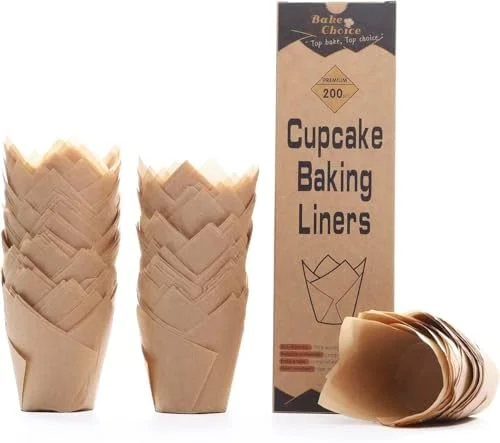 Bake Choice 200pcs Natural Tulip Cupcake Liners for Baking Cups Unbleached European Parchment paper Tulip Muffin Liners - Cupcake Wrapper for Party