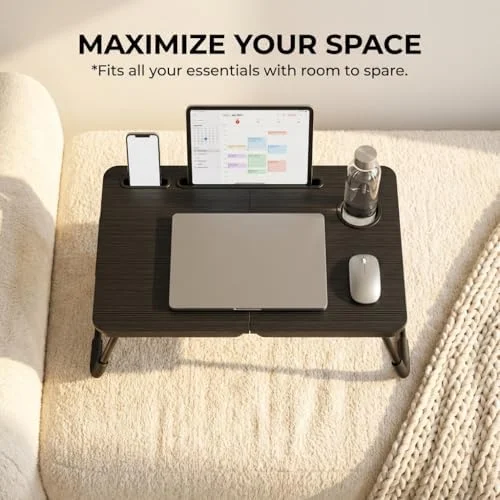 BUYIFY Foldable Laptop Bed Desk for Couch, Sofa - Large Lap Desk Tray Table with Cup Holder and Tablet Slot - Portable Notebook Stand for Eating