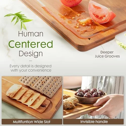 Astercook Deep-Carbonized Bamboo Cutting Boards for Kitchen with Wood Storage Stand - Reversible Charcuterie & Chopping Boards with Juice Grooves and