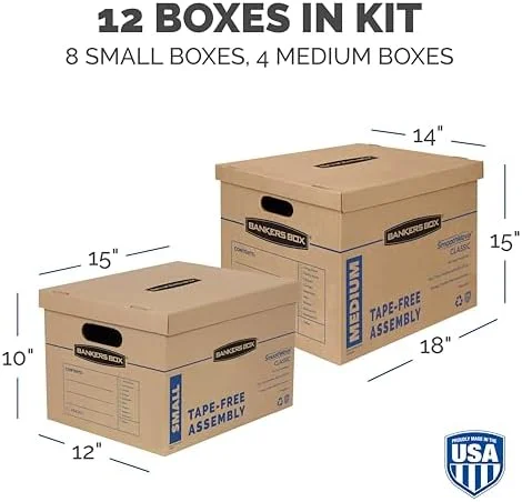 Bankers Box Classic Moving Box 12 Pack Kit - Reinforced Handles, Tape-Free Assembly, Box with Lid, 8 Small and 4 Medium Boxes (7716401)