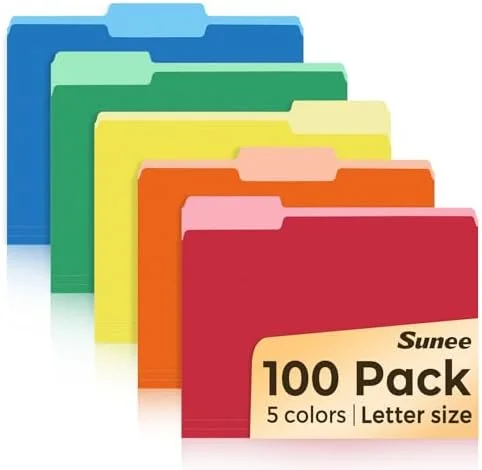 SUNEE File Folders Letter Size Assorted Colors - 100 Pack Manilla Folders 8.5 x 11 1/3-Cut Tabs, Colored File Folders Office Home School for Documents
