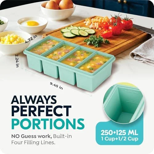 Silicone Freezer Trays with Lids - 1-Cup Soup Container Style Ice Cube Trays for Freezer - Leakproof, Dishwasher, Oven Safe, Stackable, Ideal for