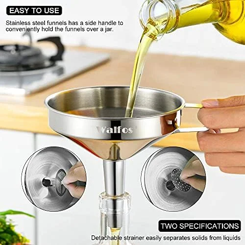 Stainless Steel Funnel - Walfos 3 Pack Kitchen Funnel with 2 Removable Strainer ＆ 1Pcs Cleaning Brush, Perfect for Transferring of Liquid, Oils, Jam