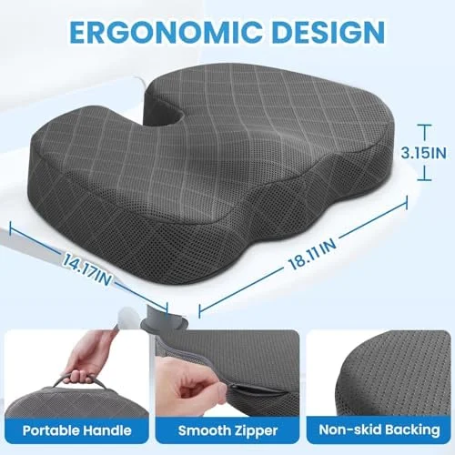TushGuard Seat Cushion - Memory Foam Cushion for Office Chair, Car Seat, Airplane, Bleacher - Sciatica & Hip & Coccyx Pain Relief Desk Chair Cushion