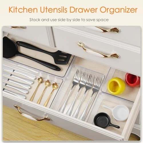 Criusia Drawer Organizer - 10 Pack Large Clear Plastic Set, 3 Size Versatile Bathroom and Vanity Organizer Trays, Storage Bins for Makeup, Bedroom