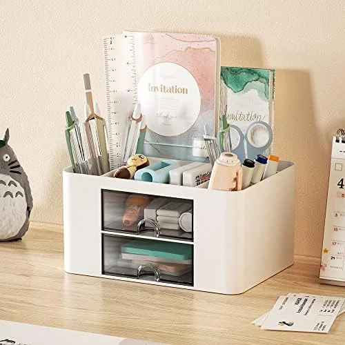 Marbrasse Pen Organizer with 2 Drawer, Multi-Functional Pencil Holder for Desk, Desk Organizers and Accessories with 5 Compartments + Drawer for