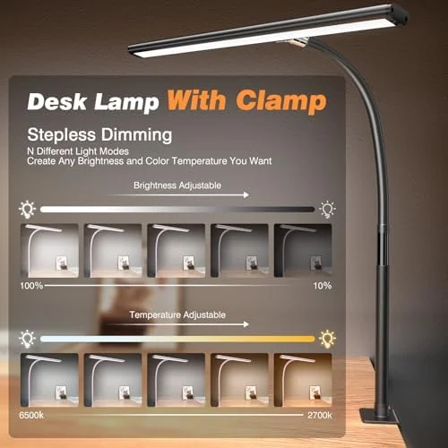 Airlonv LED Desk Lamp for Office Home - Eye-Caring Desk Light with Stepless Dimming Adjustable Flexible Gooseneck, 10W USB Adapter Desk Lamp with