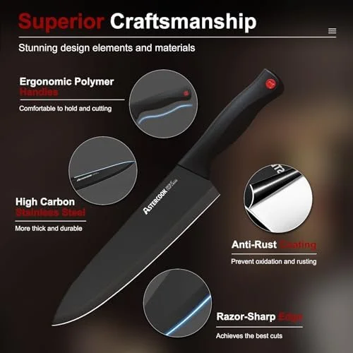 Knife Set - Astercook 15 Pieces Knife Sets for Kitchen with Block, Dishwasher Safe Kitchen Knife Set with Built in Sharpener Block, German Stainless